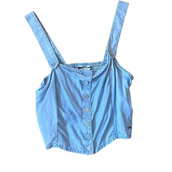 #39 Tommy Hilfiger Full Button Placket Tank Chambray Top in Light Blue - Picture 4 of 7